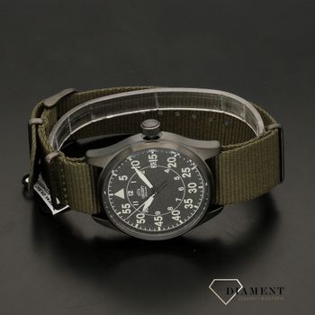 Zegarek dla mężczyzny marki Orient z czarna tarczą i paskiem w kolorze khaki (3).jpg