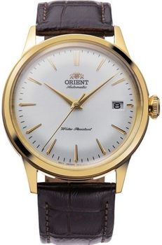 Poznaj Orient RA-AC0M01S30B Bambino Automatic – klasyczny męski zegarek z automatycznym mechanizmem, 40-godzinną rezerwą chodu, srebrną tarczą, złotą kopertą i skórzanym paskiem.1.jpg