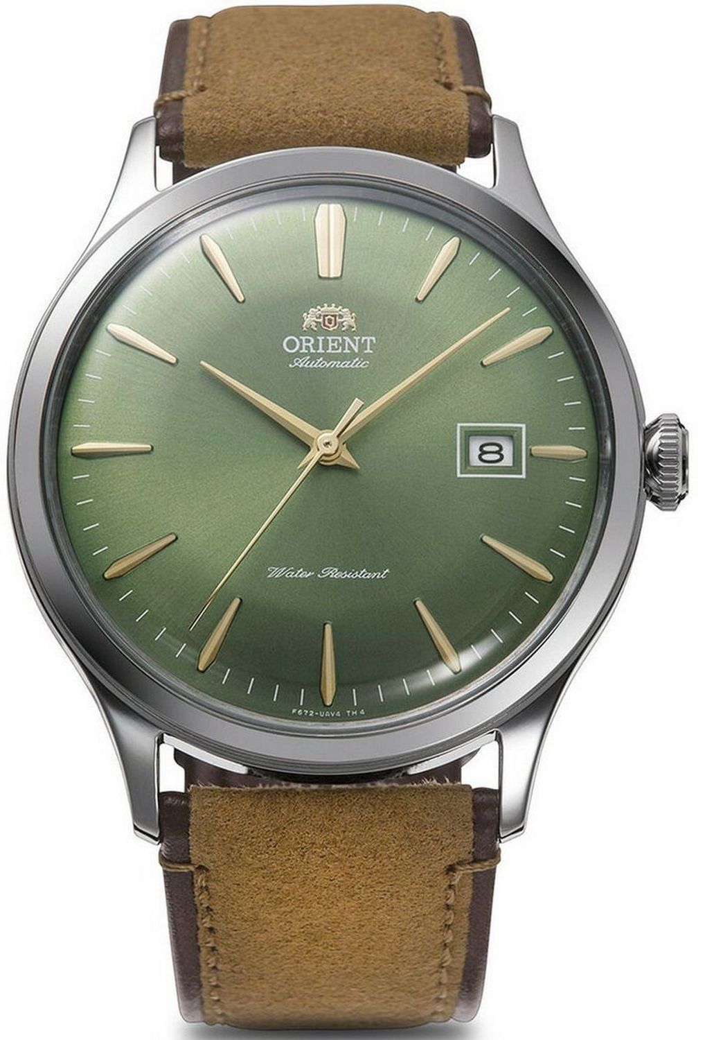 Odkryj Orient Bambino 42 mm – klasyczny zegarek męski z zieloną tarczą, stalową kopertą, skórzanym paskiem, mechanizmem automatycznym F6724 i datownikiem. Idealny na co dzień.1.jpg