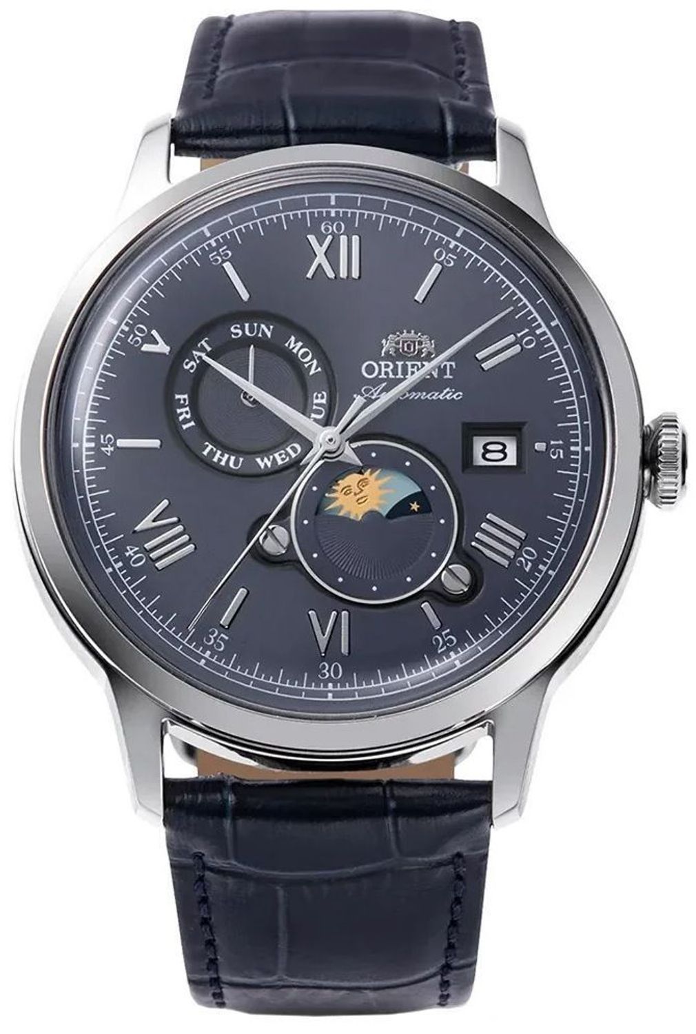 Zegarek Orient RA-AK0806L30B Bambino Sun & Moon – automatyczny, granatowy, skóra, datownik.jpg