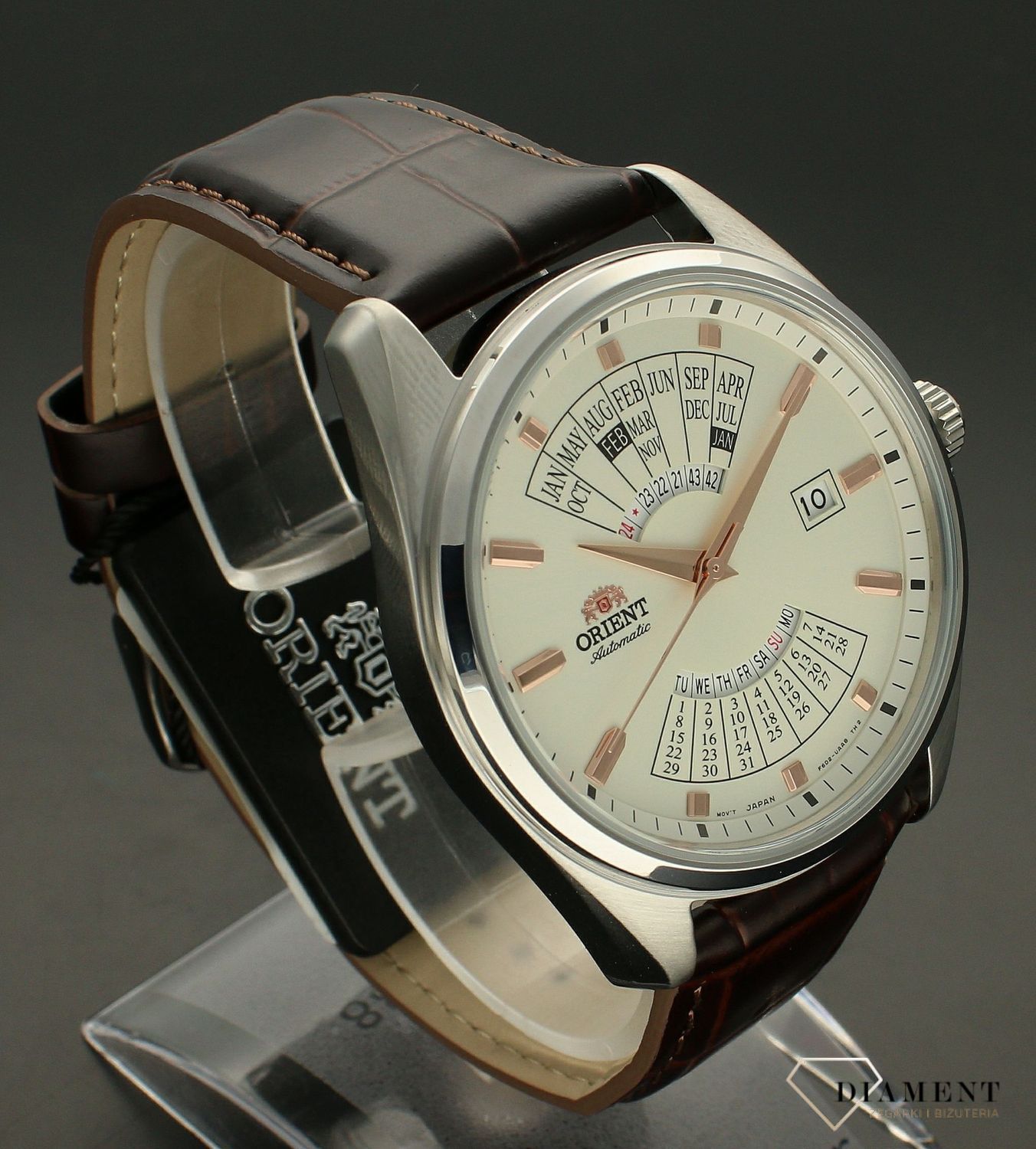 Zegarek męski Orient Multi-year Calendar na brązowym pasku RA-BA0005S10B.  Bardzo duża wodoszczelność - na poziomie 100m (10ATM) zegarek bez obaw może być zanurzany w wodzie np. podczas kąpieli czy pływan.jpg