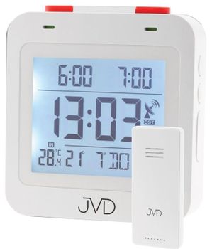 Budzik cyfrowy stacja pogody JVD RB3552.1 Zielony cyfrowy budzik z pomiarem temperatury i wyświetlaniem dni tygodnia JVD RB3552.1. Mechanizm Budzik cyfrowy JVD z termometrem sterowany radiowo RB3552.1 wyposażony.jpg