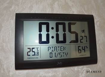 Zegar z wyświetlaczem wyposażony w funkcje alarmu, datownikiem, termometrem oraz higrometr. Zegar ścienny zasilany na baterię. Zegar na ścianę i na biurko (3).JPG