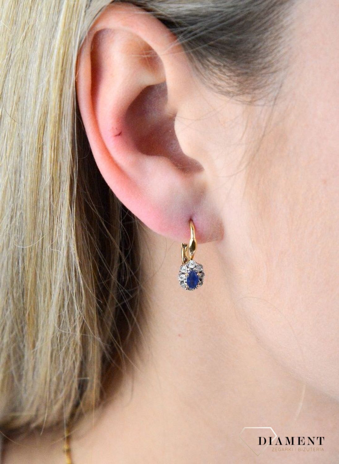 Złote kolczyki  Szafir w otoczeniu Diamentów  585 DIAMENT RE234SAPY.jpg