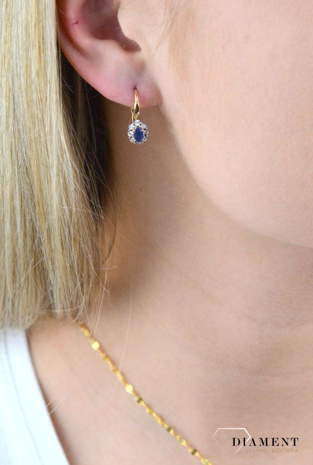 Złote kolczyki  Szafir w otoczeniu Diamentów  585 DIAMENT RE234SAPY.jpg
