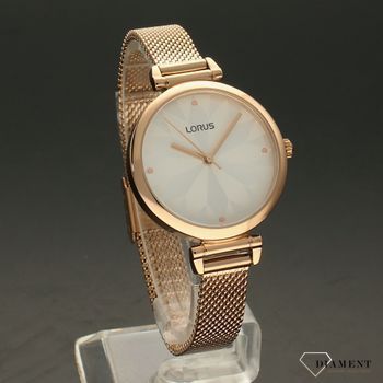 Zegarek damski na złotej bransolecie Lorus RG204TX9 to połączenie różowego złota ze srebrną tarczą o geometrycznym wzorze (1).jpg