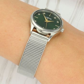 Zegarek damski Lorus RG209ZX9 – zielona tarcza, bransoleta mesh, srebrny 50M green.jpg