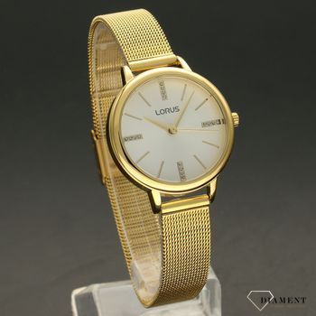 Zegarek damski LORUS Classic złoty RG214QX9. Zegarek damski zachowany w złotej kolorystyce. Tracza zegarka w srebrnej tarczy z indeksami w postaci cyrkonii. Złoty zegarek damski. Idealny pomysł na prezent (2).jpg