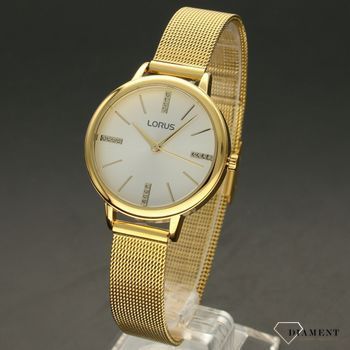 Zegarek damski LORUS Classic złoty RG214QX9. Zegarek damski zachowany w złotej kolorystyce. Tracza zegarka w srebrnej tarczy z indeksami w postaci cyrkonii. Złoty zegarek damski. Idealny pomysł na prezent (3).jpg