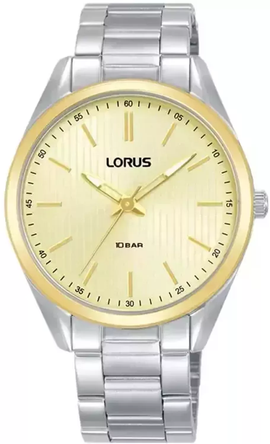 Zegarek damski LORUS RG214WX9 na bransolecie srebrno-złoty wyposażony jest w kwarcowy mechanizm, zasilany za pomocą baterii. Posiada bardzo wysoką dokładność mierzenia 1.webp