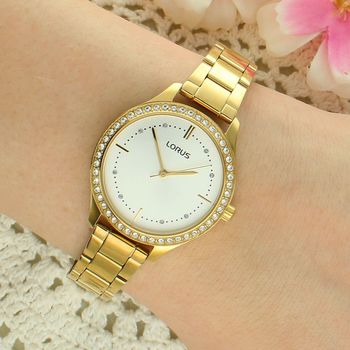 Lorus RG232XX9 Damski Zegarek Złoty PVD Srebrna Tarcza Cyrkonie Bransoleta 50M Elegancki fashion.jpg