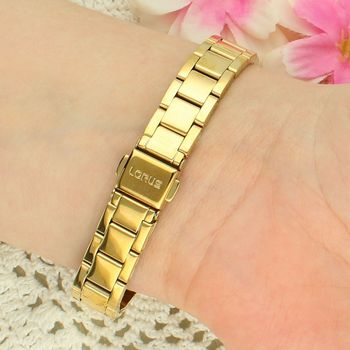 Lorus RG232XX9 Damski Zegarek Złoty PVD Srebrna Tarcza Cyrkonie Bransoleta 50M Elegancki zapięcie.jpg
