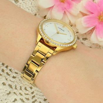 Lorus RG232XX9 Damski Zegarek Złoty PVD Srebrna Tarcza Cyrkonie Bransoleta 50M Elegancki złoty.jpg