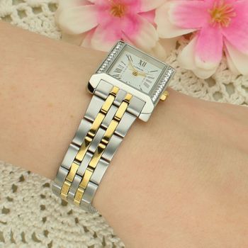 Lorus RG235YX9 Damski Zegarek Dwukolorowy Srebrno-Złoty Srebrna Tarcza Rzymskie Cyfry Bransoleta 50M cyrkonie.jpg