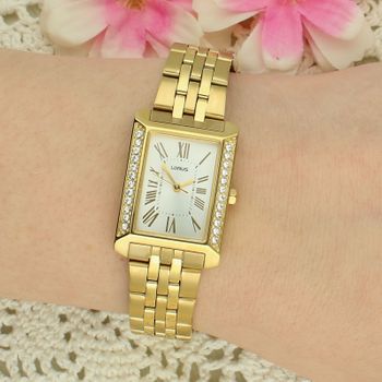 Lorus RG238YX9 Damski Zegarek Złoty PVD Srebrna Tarcza Rzymskie Cyfry Stalowa Bransoleta 50M Elegancki cyrkonie.jpg