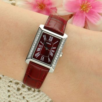 Lorus RG239YX9 Damski Zegarek Elegancki Czerwona Tarcza Skórzany Pasek Prostokątny 50M czerwony modny.jpg