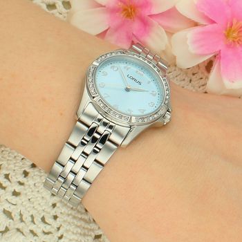 Lorus RG247YX9 Damski Zegarek Stalowy Błękitna Tarcza Cyrkonie Bransoleta 50M Elegancki blue.jpg