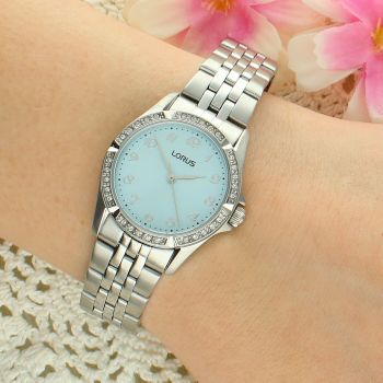 Lorus RG247YX9 Damski Zegarek Stalowy Błękitna Tarcza Cyrkonie Bransoleta 50M Elegancki srebrny.jpg