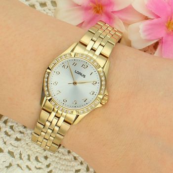 Lorus RG250YX9 Damski Zegarek Złoty PVD Srebrna Tarcza Cyrkonie Bransoleta 50M Elegancki cyrkonie.jpg