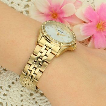 Lorus RG250YX9 Damski Zegarek Złoty PVD Srebrna Tarcza Cyrkonie Bransoleta 50M Elegancki złoty.jpg