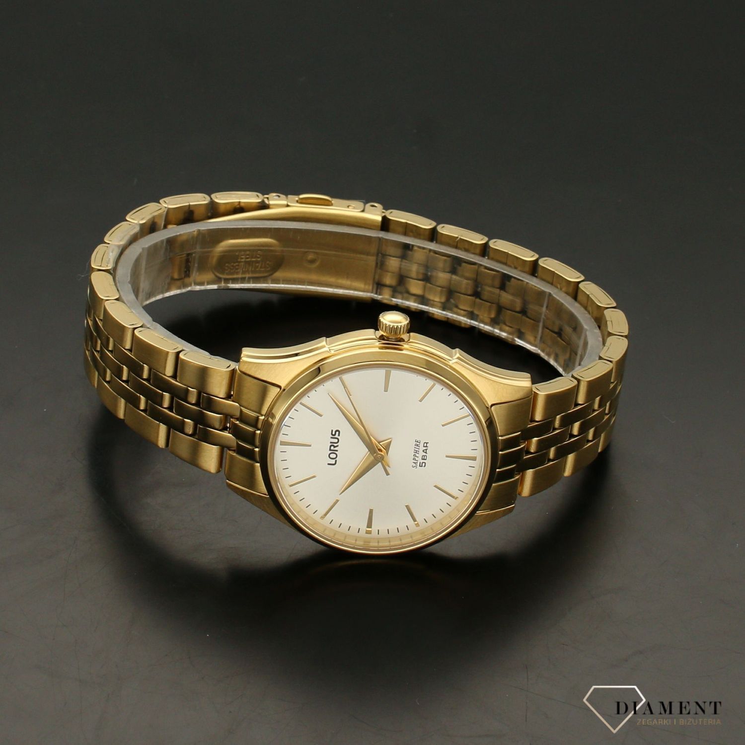 Zegarek dasmki złoty Lorus na bransolecie z szafirowym szkłem RG252TX9.webp