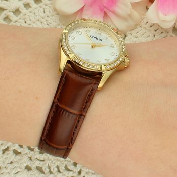 Lorus RG252YX9 Damski Zegarek Złoty PVD Srebrna Tarcza Brązowy Pasek Aligator 50M Elegancki brown.jpg