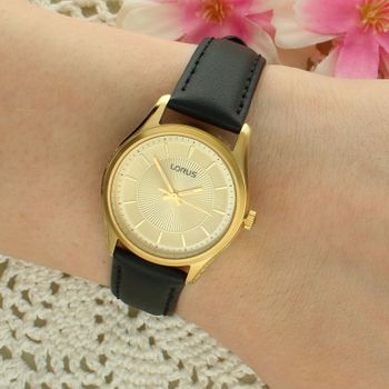 Lorus RG254XX9 Damski Zegarek Złoty Klasyczny Złota Tarcza Czarny Skórzany Pasek 50M Elegancki pasek.jpg