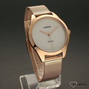 Zegarek damski LORUS na bransolecie różowe złoto RG266UX9. Zegarek damski w kolorze różowego złota. Tarcza zegarka w białym kolorze ze wskazówkami w kolorze różowego złota (2).jpg