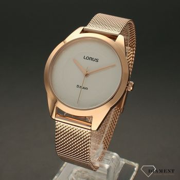 Zegarek damski LORUS na bransolecie różowe złoto RG266UX9. Zegarek damski w kolorze różowego złota. Tarcza zegarka w białym kolorze ze wskazówkami w kolorze różowego złota (3).jpg
