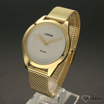 Zegarek damski LORUS RG268UX9 na bransolecie. Zegarek damski w złotym kolorze. Zegarek damski z białą tarczą ze złotymi wskazówkami oraz ozdobnym wzorem na tarczy.  (3).jpg