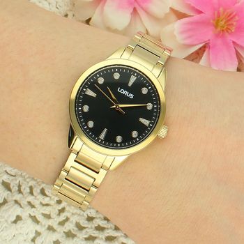 Lorus RG270YX9 Damski Zegarek Złoty Czarna Tarcza Bransoleta 50M Elegancki Fashion złoty.jpg