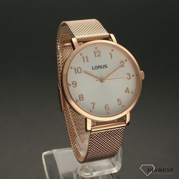 Zegarek damski LORUS 'Różowa klasyka' na bransolecie RG280UX9. Zegarek damski w modnym kolorze różowego złota. Tarcza zegarka zachowana w białym kolorze z wyraźnymi (2).jpg