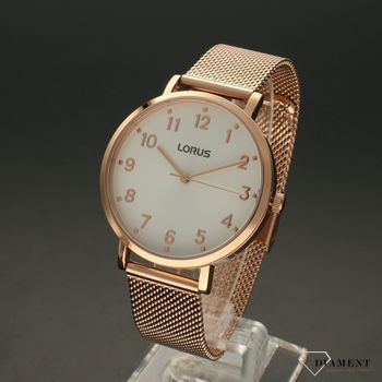 Zegarek damski LORUS 'Różowa klasyka' na bransolecie RG280UX9. Zegarek damski w modnym kolorze różowego złota. Tarcza zegarka zachowana w białym kolorze z wyraźnymi (3).jpg