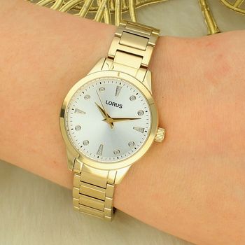 Zegarek damski Lorus Classic RG282YX9 – złoty zegarek na bransolecie ze srebrną tarczą fashion.jpg
