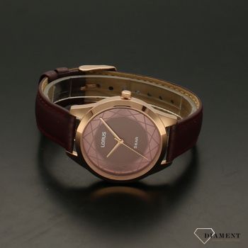 Zegarek damski na bordowym pasku Lorus RG288TX9 z bordową tarczą i asymetrycznym wzorem (3).jpg