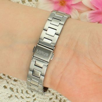 Lorus RH751BX9 Damski Zegarek Srebrny Szafir Stalowa Bransoleta Datownik 50M Klasyczny zapięcie.jpg