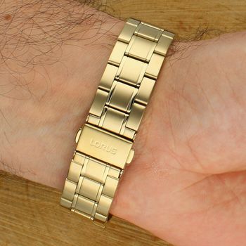 Zegarek męski Lorus RH914SX9 Classic – złoty, czarna tarcza, stalowa bransoleta, 100M zapięcie.jpg