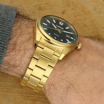 Lorus RH922SX9 – złoty zegarek męski klasyczny kwarcowy 100m na bransolecie black.jpg
