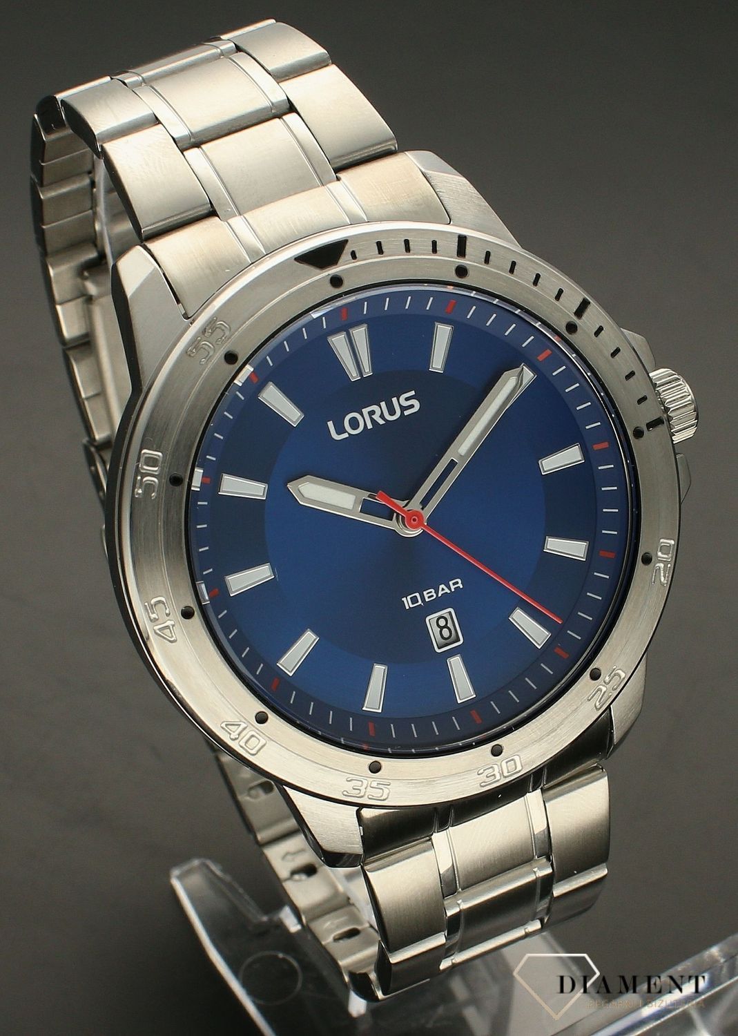 Zegarek męski na bransolecie Lorus Diver RH947MX9.  Zegarek męski na srebrnej bransolecie. Zegarek męski z datownikiem. Zegarek męski kwarcowy z wodoszczelnością 10 BAR. Idealny męski zegarek na prezent. Grawer..jpg