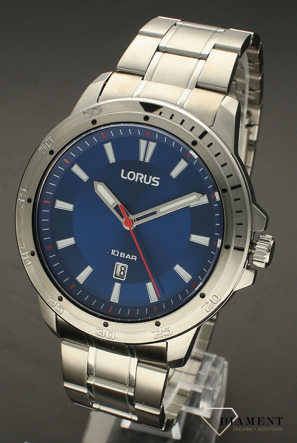 Zegarek męski na bransolecie Lorus Diver RH947MX9.  Zegarek męski na srebrnej bransolecie. Zegarek męski z datownikiem. Zegarek męski kwarcowy z wodoszczelnością 10 BAR. Idealny męski zegarek na prezent. Grawer..jpg