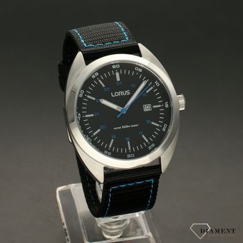 Zegarek męski o klasycznym wyglądzie z czarną tarcza oraz niebieskimi dodatkami. Zegarek damski z paskiem tekstylnym typu NATO. Idealny prezent (2).jpg
