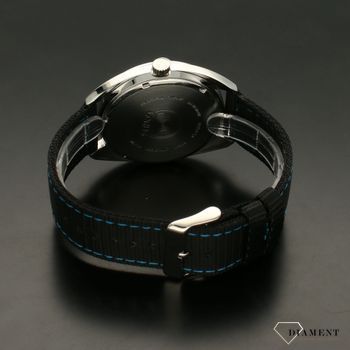 Zegarek męski o klasycznym wyglądzie z czarną tarcza oraz niebieskimi dodatkami. Zegarek damski z paskiem tekstylnym typu NATO. Idealny prezent (5).jpg