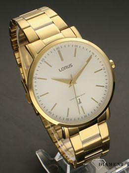 Zegarek złoty męski Lorus RH966LX9. Zegarek złoty męski Lorus RH966LX9 w złotym kolorze wyposażony jest w kwarcowy mechanizm, zasilany za pomocą baterii. Męski zegarek Lorus na złotej bransolecie. Klasyczny zegarek męski ide.jpg