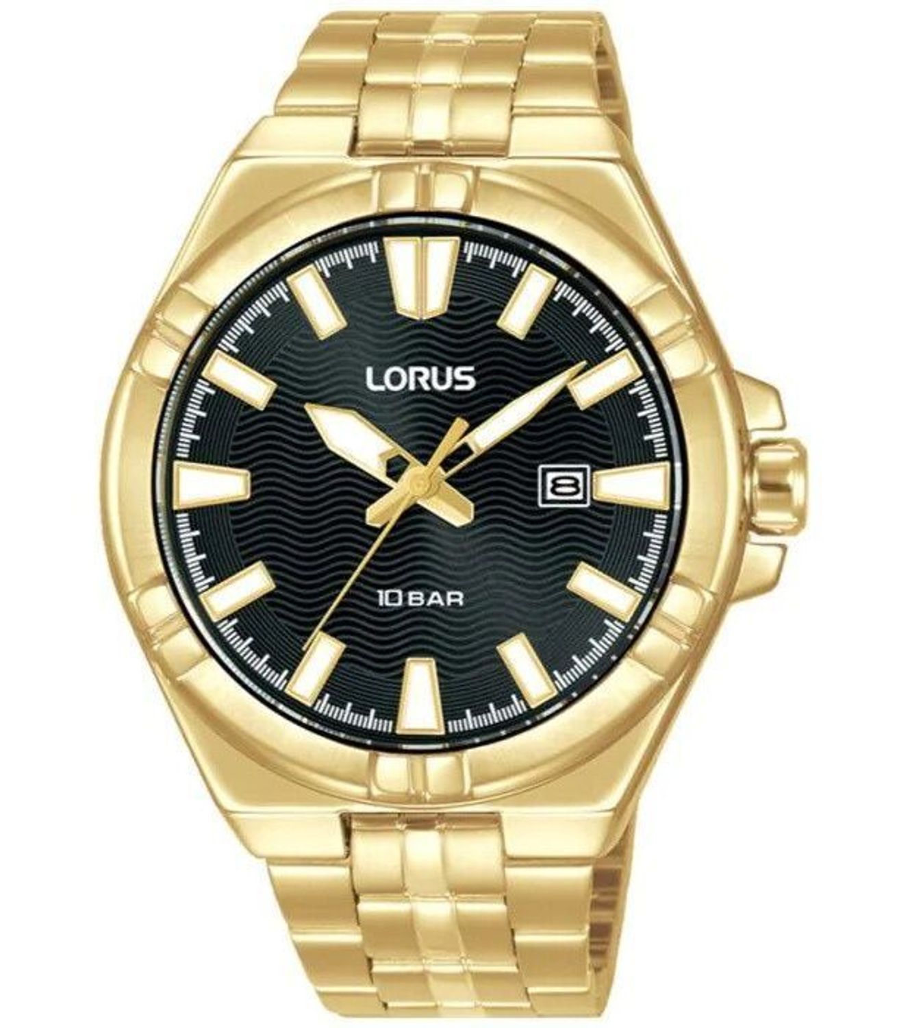 Lorus RH978RX9 to męski zegarek kwarcowy z czarną tarczą, stalową kopertą w kolorze złotym PVD i wodoszczelnością 10 ATM. Posiada datownik i mineralne szkło.1.jpg