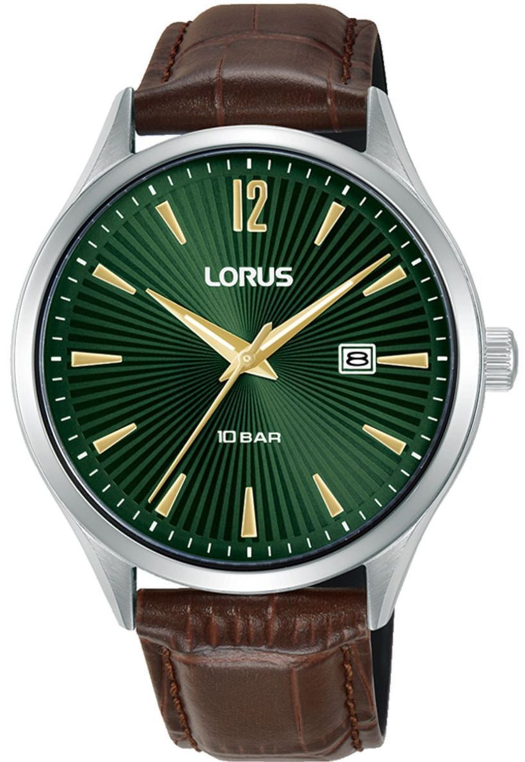 Klasyczny zegarek Lorus RH995RX9 z brązowym skórzanym paskiem, zieloną tarczą i mechanizmem Seiko. Wodoszczelność 100M, idealny na co dzień i do pracy.1.jpg