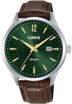 Klasyczny zegarek Lorus RH995RX9 z brązowym skórzanym paskiem, zieloną tarczą i mechanizmem Seiko. Wodoszczelność 100M, idealny na co dzień i do pracy.1.jpg
