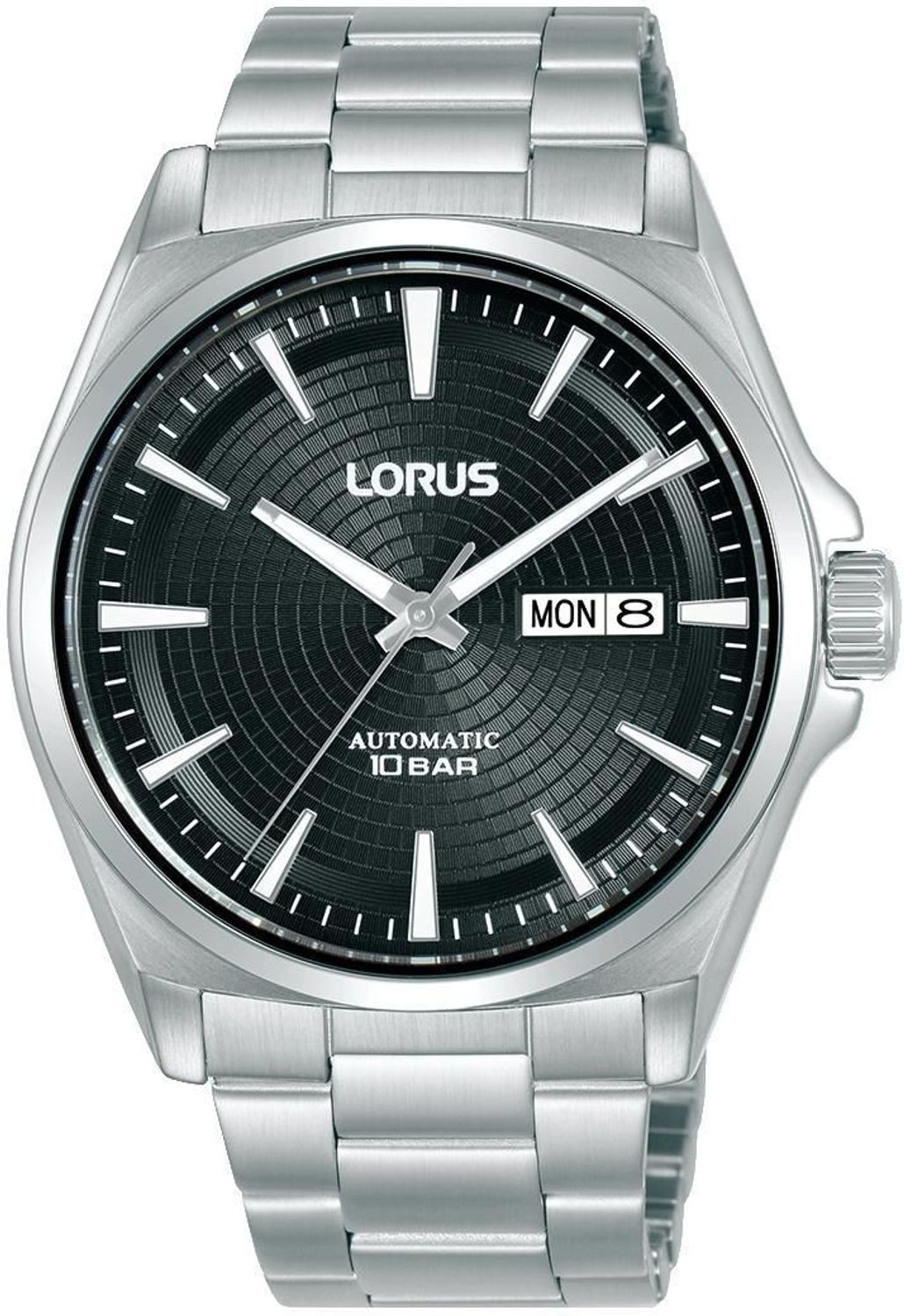 Lorus RL409CX9 to elegancki zegarek automatyczny z mechanizmem Seiko Epson Y676 (21 kamieni), czarną tarczą sunburst, luminescencją, datownikiem day-date i wodoszczelnością 100 m. Stalowa koperta i bransoleta.1.jpg