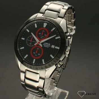 Zegarek Męski Lorus Classic Digital Chronograph RM303HX9. Idealny czasomierz męski ze srebrną bransoletą oraz czarną tarczą z czerwonymi sportowymi akcentami (3).jpg