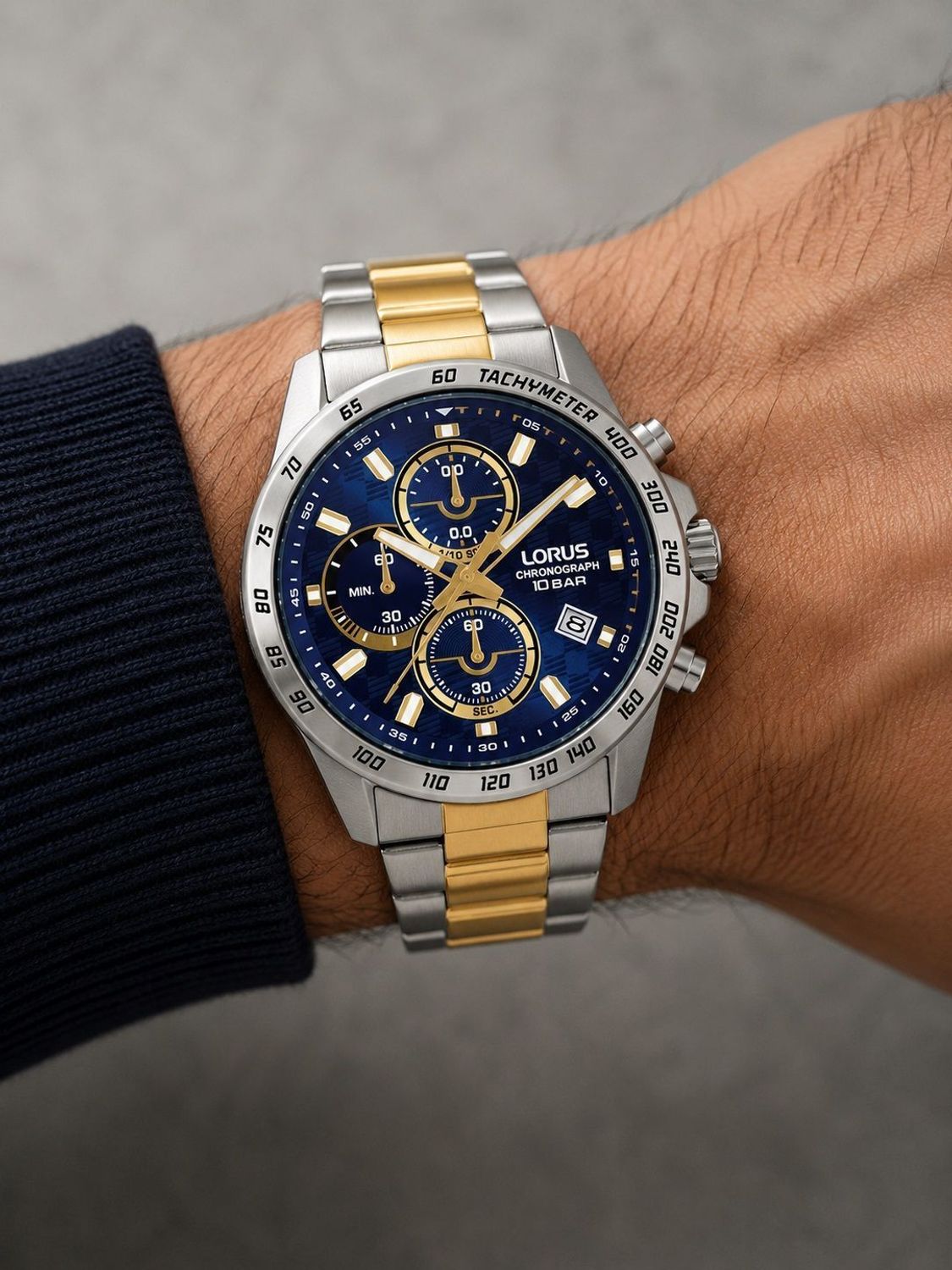 Zegarek męski Lorus RM311KX9 Chronograph – granatowa tarcza, bicolor, tachymetr, 100M.jpg