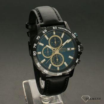 Piękny zegarek męski na solidnym, wytrzymałym skórzanym pasku w kolorze czarnym. Zegarek męski z niebieska tarcza oraz złotymi dodatkami. Idealny prezent (1).jpg